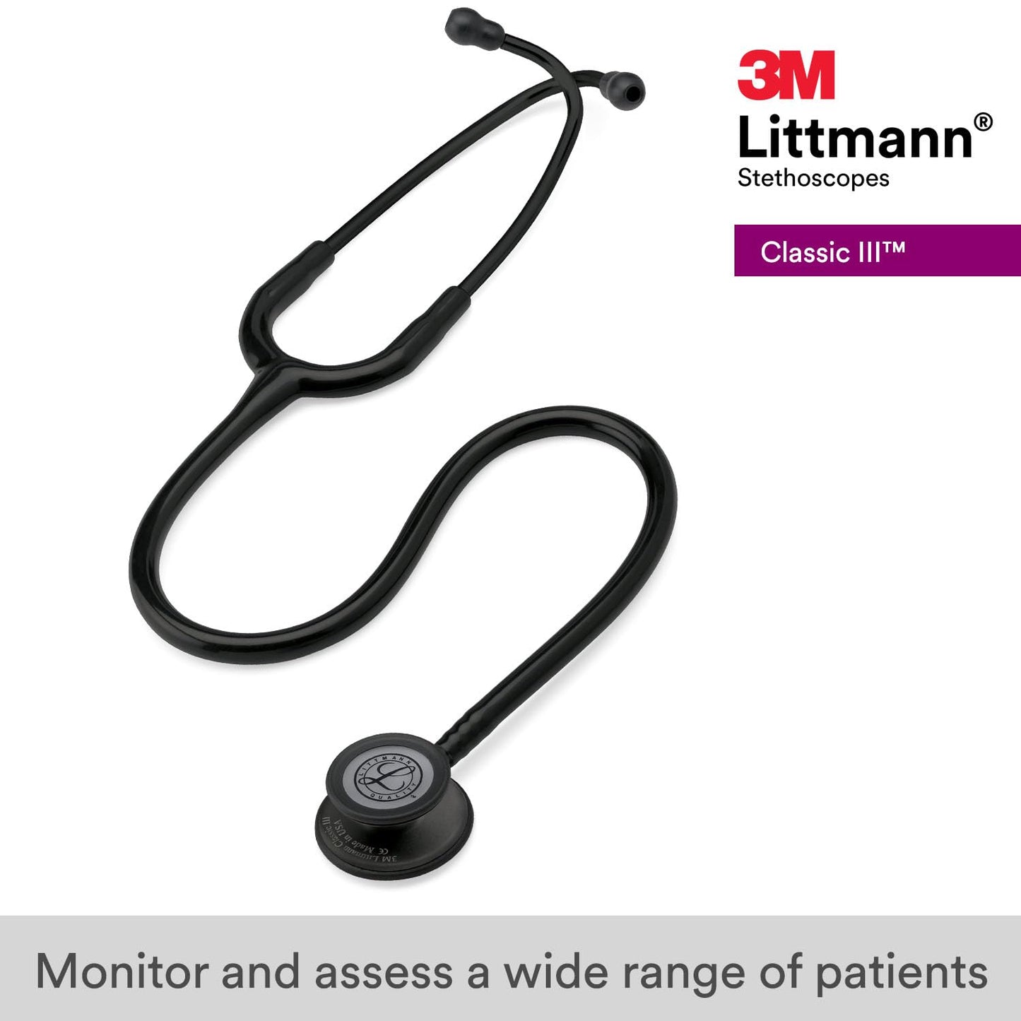 3M Littmann Classic III Monitoring Stethoscope – Black Edition Chestpiece, Black Tube, 27 inch (5803)